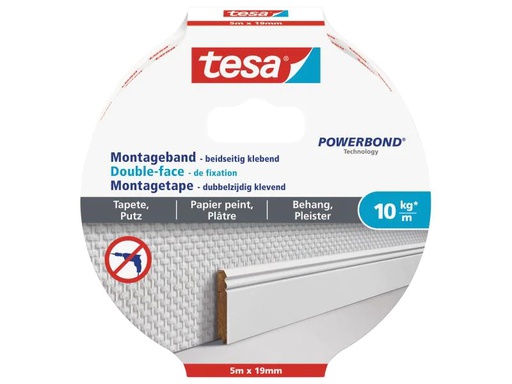 [90121566 491931] tesa Montageband 5 m x 19 mm für Tapeten + Putz