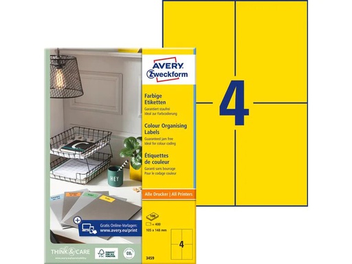 [90122399 926282] Avery Zweckform Universal-Etiketten 3459 105 x 148 mm, Gelb