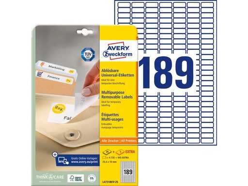 [90132800 161436] Avery Zweckform Mini-Etiketten Stick + Lift 25.4 x 10 mm, 25 Blatt