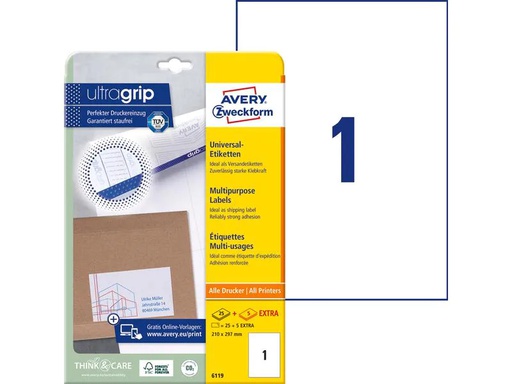 [90134563 926255] Avery Zweckform Universal-Etiketten 6119  210 x 297 mm, 30 Blatt
