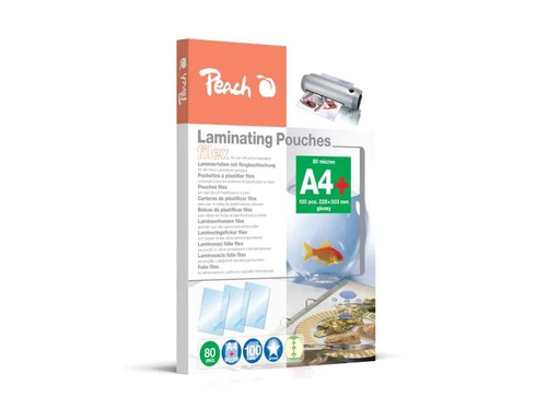 [90141978 909427] Peach Laminierfolie A4, 80 µm, 100 Stück, Glänzend Abheftlochung
