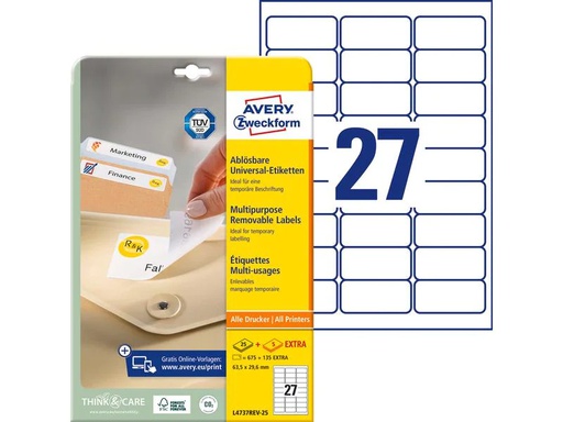 [90142389 716818] Avery Zweckform Universal-Etiketten Stick + Lift 63.5x29.6 mm, 30 Blatt
