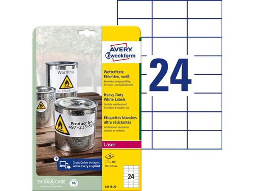 [90142466 1198993] Avery Zweckform Universal-Etiketten L4718-20 70 x 37 mm, Wetterfest
