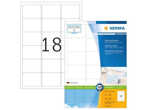[90152070 1098956] HERMA Adressetiketten 4265 A4 Weiss, 100 Blatt