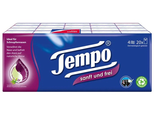 [90160513 479344] Tempo Taschentücher sanft&amp;frei 4 lagig 20 x 9 Stück