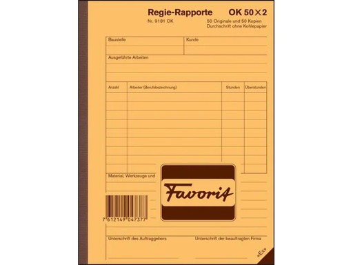[90020360 683196] Favorit Durchschreibeblock 156 x 210 mm Regie-Rapporte, Weiss