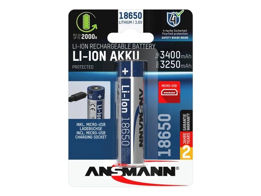 [90022648 1121016] Ansmann Akku 18650 Typ 3400 3250 mAh mit Micro-USB Ladebuchse