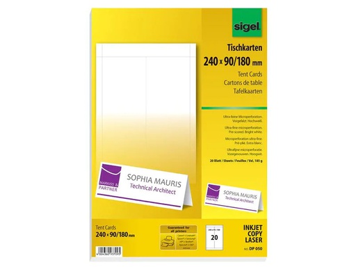 [90169663 1219570] Sigel Tischkarte 24 x 9 x 18 cm, 20 Blatt, 185 g, Weiss
