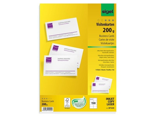 [90173502 1219580] Sigel Visitenkarten-Etiketten 8.5 x 5.5 cm, 15 Blatt, 200 g, Weiss