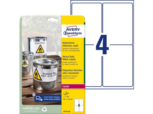 [90024419 926319] Avery Zweckform Universal-Etiketten L4774-20 99.1 x 139 mm Wetterfest