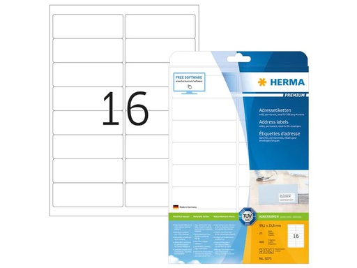 [90193573 1258511] HERMA Adressetiketten Premium 5075 99.1 x 33.8 mm, 400 Etiketten