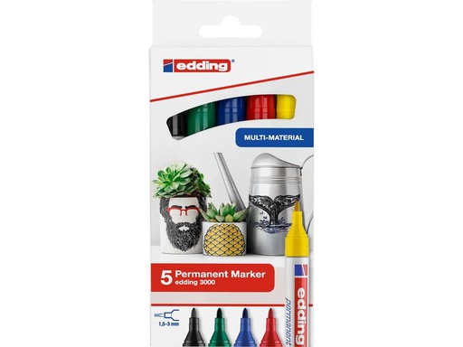 [90193601 1261231] edding Permanent-Marker 3000 5 Stück, Grün/Gelb/Blau/Rot