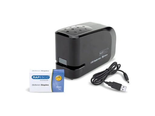 [90029722 916043] Rapesco Elektrisches Heftgerät 626EL USB/Batterie, Schwarz