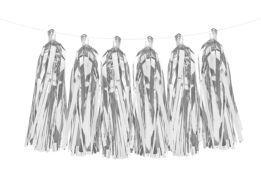 [90197696 1269836] Partydeco Girlande Quasten 1.5 m, Silber, 12 Pompons
