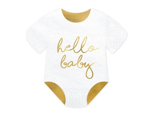 [90197763 1269833] Partydeco Papierservietten Hello Baby Strampler 20 Stück, Weiss/Gold