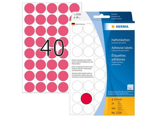 [90199913 1280082] HERMA Vielzweck-Etiketten 2256 Leuchtrot Ø 19 mm, 24 Blatt