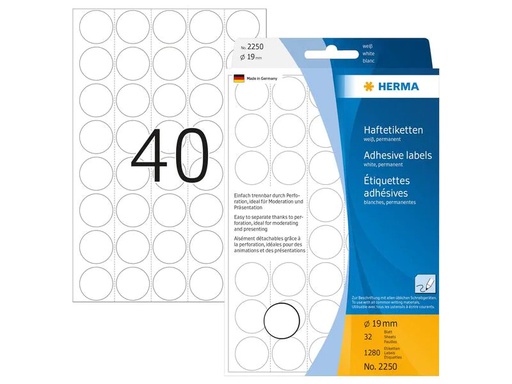 [90199923 1280076] HERMA Vielzweck-Etiketten 2250 Weiss Ø 19 mm, 32 Blatt