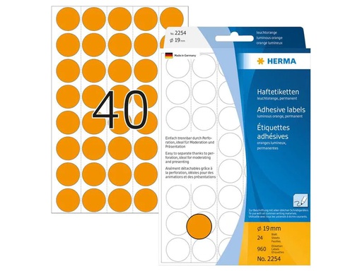[90200055 1280080] HERMA Vielzweck-Etiketten 2254 Leuchtorange Ø 19 mm, 24 Blatt