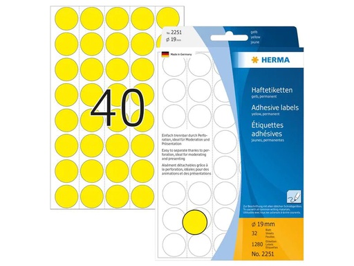[90200070 1280077] HERMA Vielzweck-Etiketten 2251 Gelb Ø 19 mm, 32 Blatt