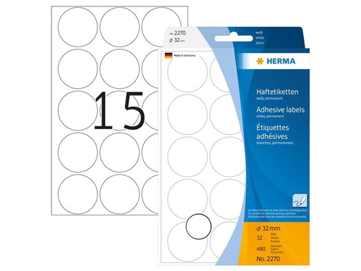 [90200185 1280083] HERMA Vielzweck-Etiketten 2270 Weiss Ø 32 mm, 32 Blatt
