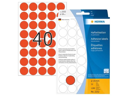 [90200206 1280078] HERMA Vielzweck-Etiketten 2252 Rot Ø 19 mm, 32 Blatt