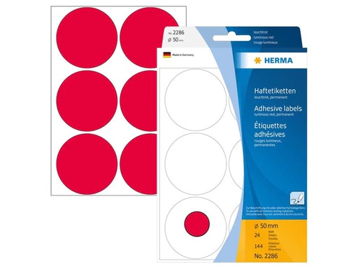 [90200212 1280092] HERMA Vielzweck-Etiketten 2286 Leuchtrot Ø 50 mm, 24 Bl