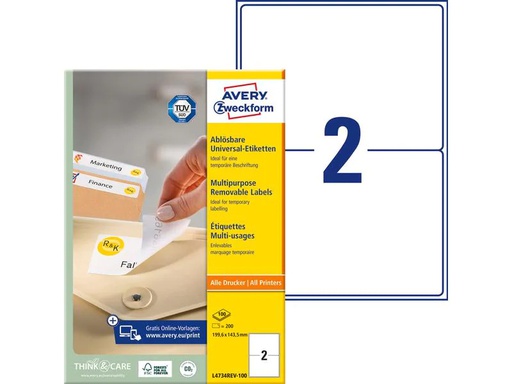 [90200214 1280591] Avery Zweckform Universal-Etiketten Stick + Lift 199 x 143.5 mm, 100 Blatt