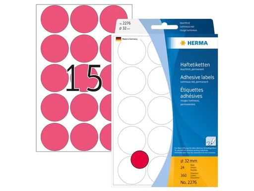 [90200254 1280089] HERMA Vielzweck-Etiketten 2276 Leuchtrot Ø 32 mm, 24 Blatt