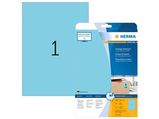[90201697 1284299] HERMA Universal-Etiketten A4 Ablösbar 210 x 297 mm Blau, 20 Blatt