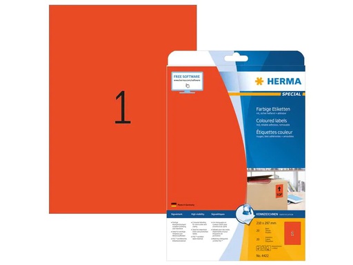 [90201765 1284298] HERMA Universal-Etiketten A4 Ablösbar 210 x 297 mm Rot, 20 Blatt