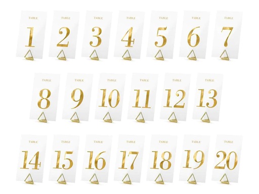 [90202934 1279894] Partydeco Tischkarte Nummern 7 x 12 cm, 20 Stück, Transparent/Gold