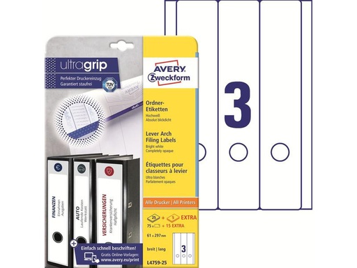 [90204250 1291290] Avery Zweckform Ordneretiketten L4759 61 x 297 mm, 30 Blatt