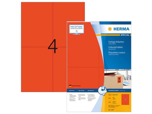 [90206231 1293589] HERMA Universal-Etiketten 105 x 148 mm Rot, 400 Etiketten