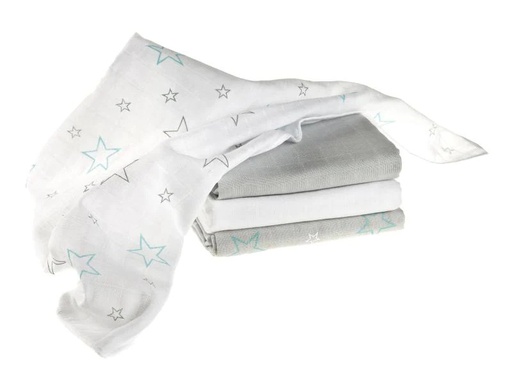 [90003229 974433] MAKIAN Mulltuch 4-er Set 70 x 70 cm Hellgrau und Weiss Sterne