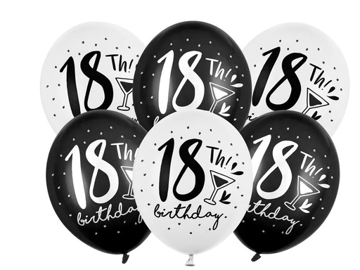 [90210820 1269859] Partydeco Luftballon 18th! Birthday Schwarz/Weiss Ø 30 cm, 6 Stück