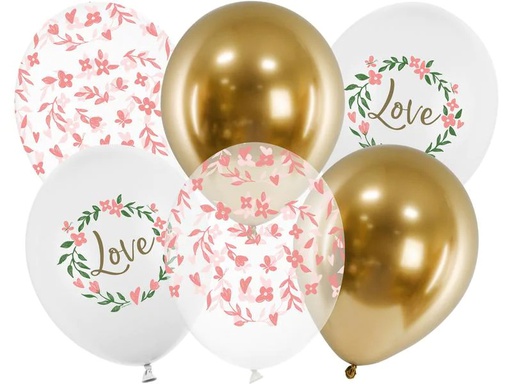 [90222120 1330467] Partydeco Luftballon Love Gold/Weiss, Ø 30 cm, 6 Stück