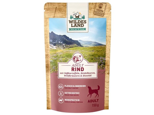 [90224299 1348560] Wildes Land Nassfutter Rind mit Süsskartoffeln &amp; Heidelbeeren 8 x 150 g