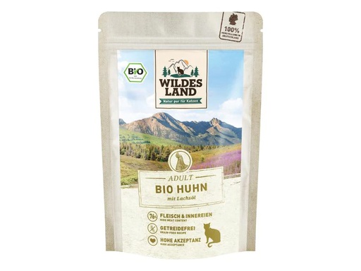 [90224612 1349865] Wildes Land Nassfutter Adult BIO Huhn PUR m. Lachsöl 85 g