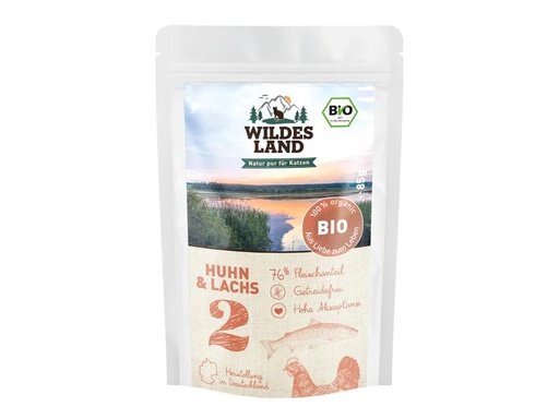 [90224954 1349866] Wildes Land Nassfutter Adult BIO Huhn &amp; Lachs 85 g