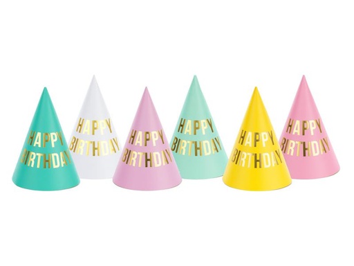[90228381 1330539] Partydeco Partyhüte Happy Birthday pastellfarbig, 16 x 11 cm, 6 Stück