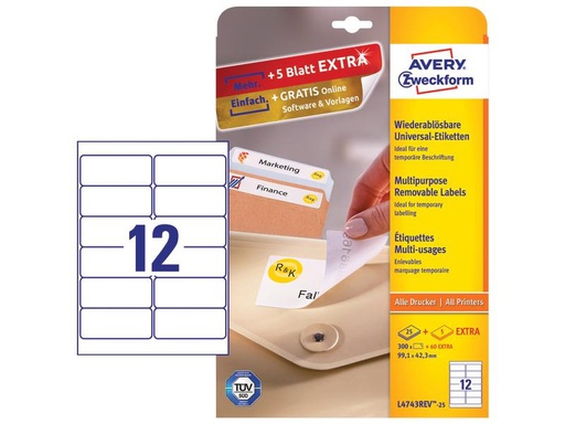 [90247054 1399706] Avery Zweckform Universal-Etiketten Stick + Lift 99.1 x 42.3 mm, 100 Blatt