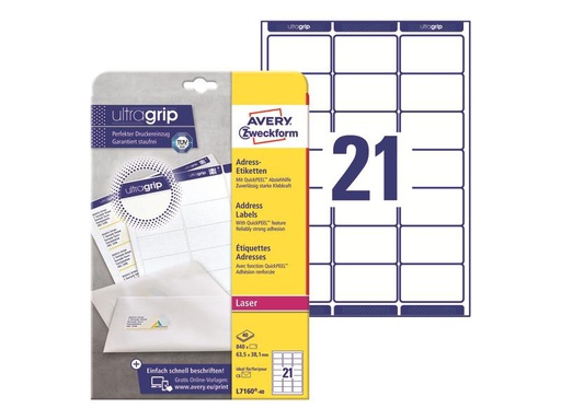 [90247622 1399716] Avery Zweckform Adressetiketten Ultragrip 63.5 x 38.1 mm, 40 Blatt