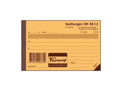 [90248070 1392155] Favorit Durchschreibebuch A6 Quittungen, 50 x 2 Blatt