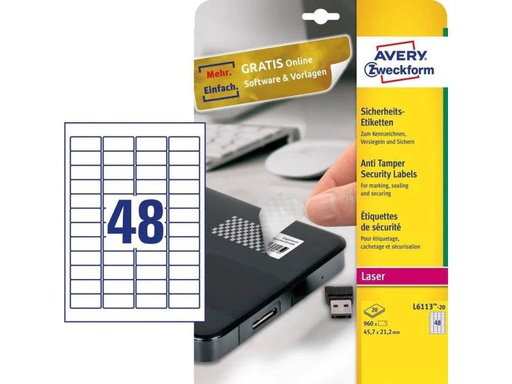 [90044409 138627] Avery Zweckform Sicherheits-Etiketten L6113-20 45.7 x 21.2 mm