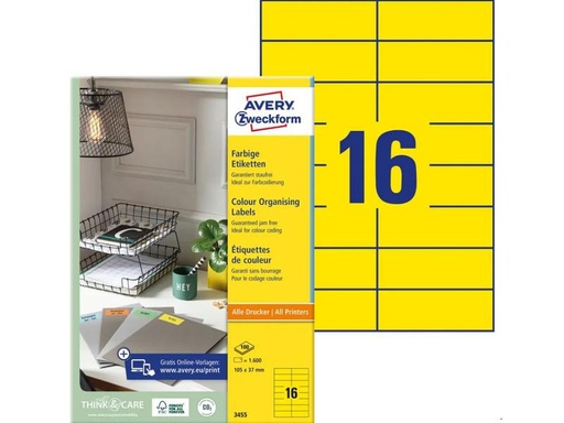 [90256004 1444283] Avery Zweckform Universal-Etiketten 105 x 37 mm, Gelb, 1.600 Stück