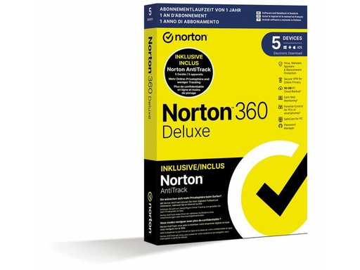 [90257720 1454064] Norton 360 Deluxe + AntiTrack Bundle Box, 5 Dev., 1yr, 50GB Cloud