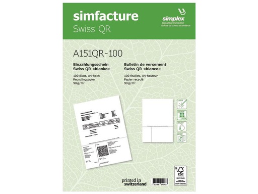 [90259789 1399571] Simplex Einzahlungsschein Simfacture Swiss QR Recycling 100 Blatt