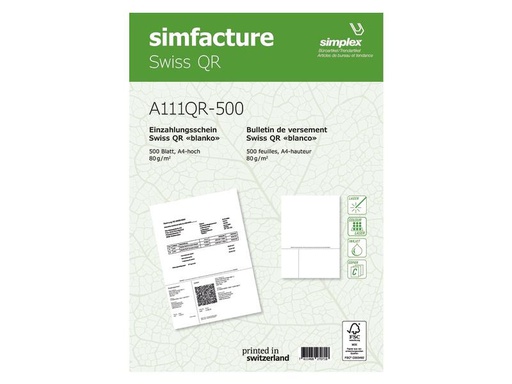 [90259866 1399568] Simplex Einzahlungsschein Simfacture Swiss QR 1000 Blatt, Weiss