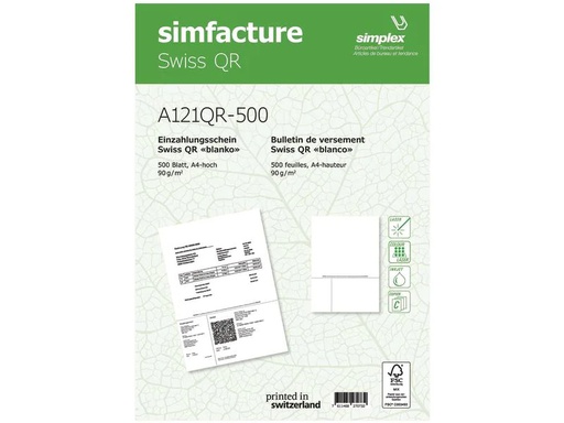 [90259876 1399567] Simplex Einzahlungsschein Simfacture Swiss QR 100 Blatt, Weiss