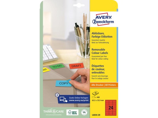 [90259983 1455818] Avery Zweckform Universal-Etiketten 63.5 x 33.9 mm, 20 Blatt, Rot